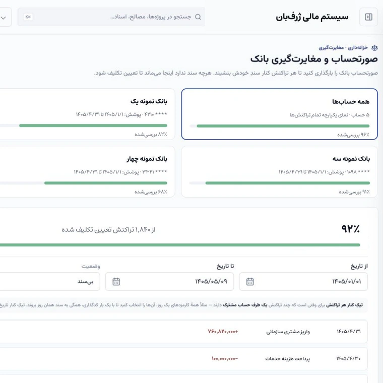 مغایرت‌گیری بانک در ژرف‌بان با نوار پیشرفت هر حساب و فهرست تراکنش‌های بی‌سند