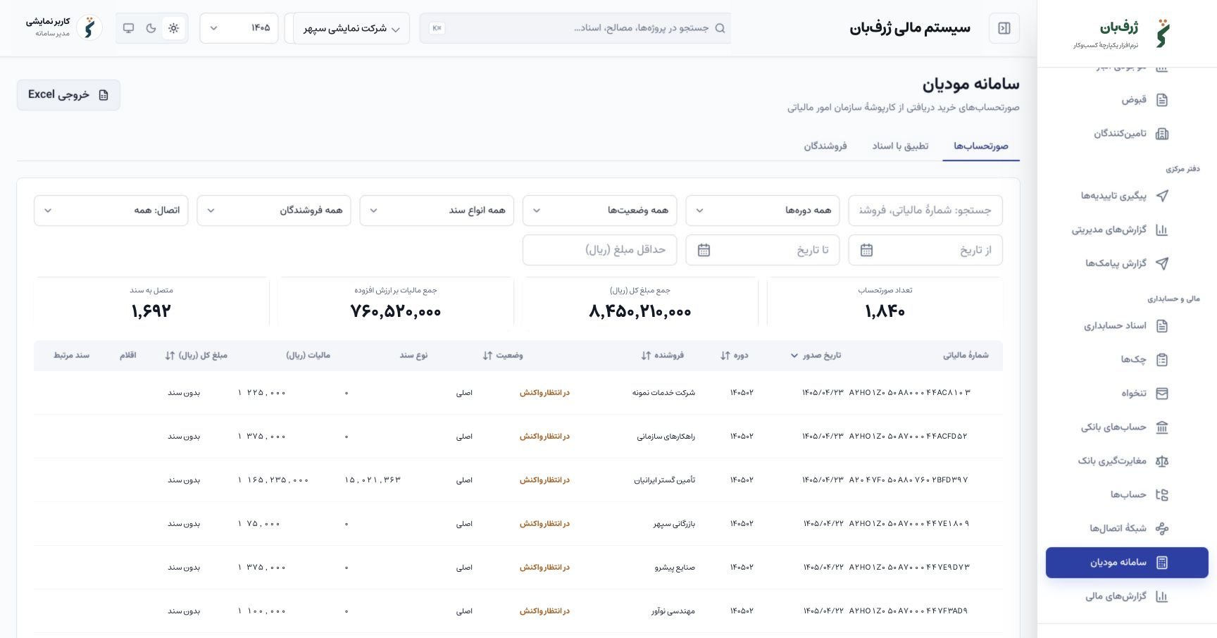 سامانهٔ مودیان در ژرف‌بان با جمع مبلغ کل و مالیات ارزش افزودهٔ صورتحساب‌های خرید