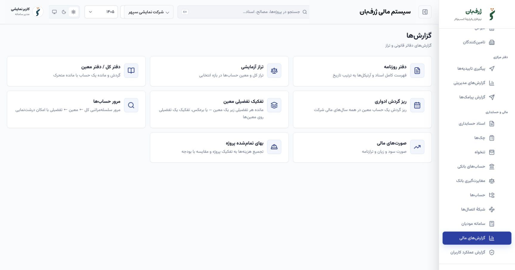 صفحهٔ واقعی گزارش‌های مالی ژرف‌بان شامل تراز آزمایشی، دفاتر و صورت‌های مالی